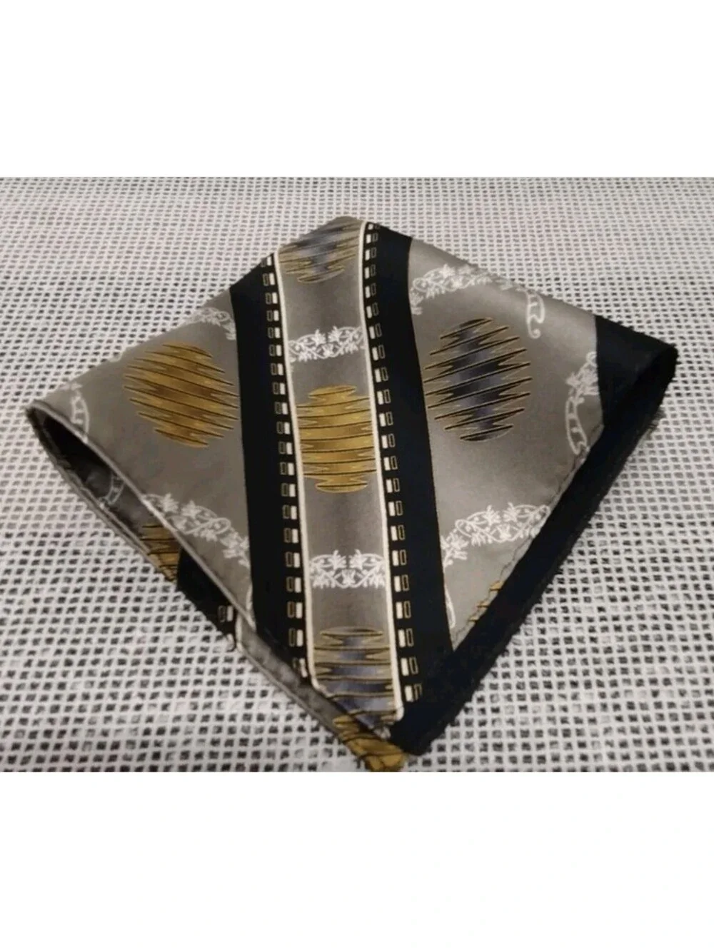 Vintage Fine Silk Hankie Art Deco Design Black Gray Gold Accents 1980s Menswear